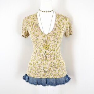 Vintage Late 90s Y2K Cream Maple Leaf Pattern V-Neck Short Sleeve Top Size Small